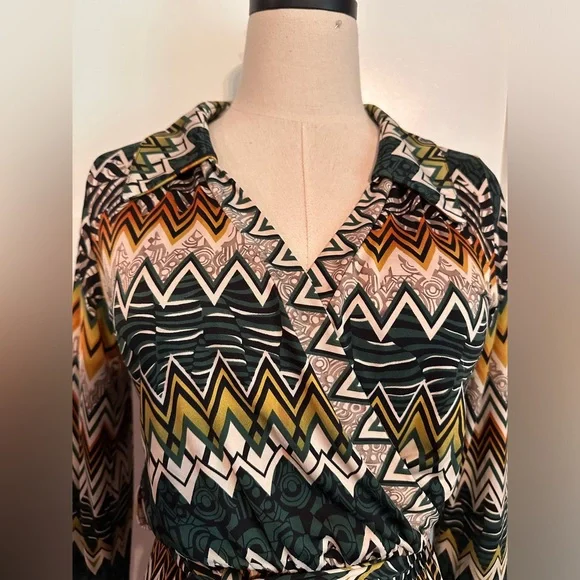 Kathi Rich Emerald zig zag pattern collar S faux wrap belt long sleeve jumpsuit - Picture 6 of 15